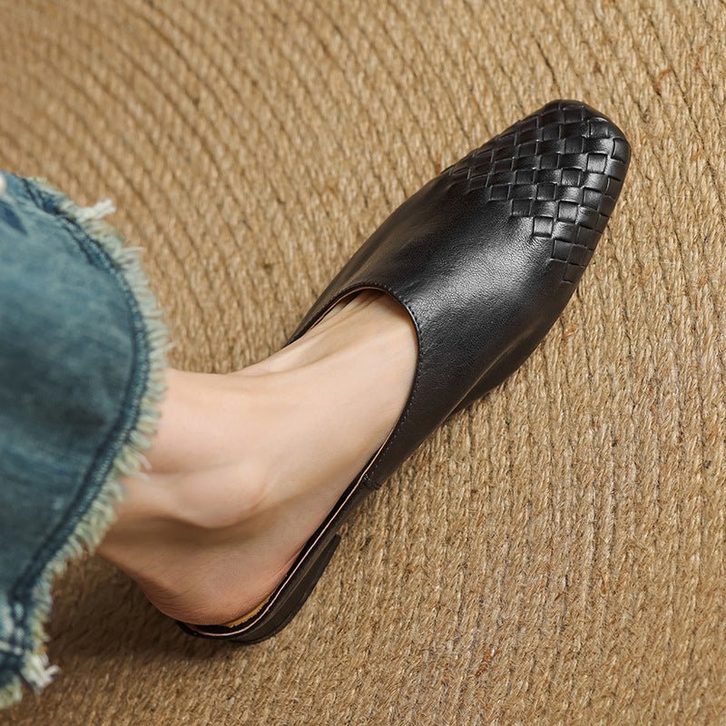 Women's Genuine Leather Woven-Toe Square-Toe Slip-On Mules