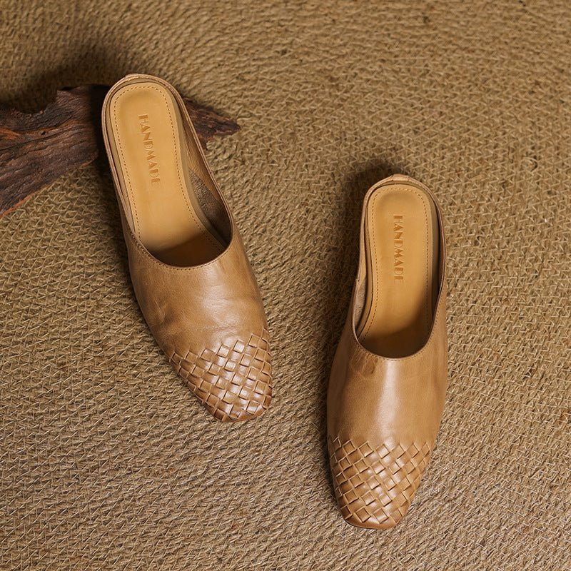 Women's Genuine Leather Woven-Toe Square-Toe Slip-On Mules