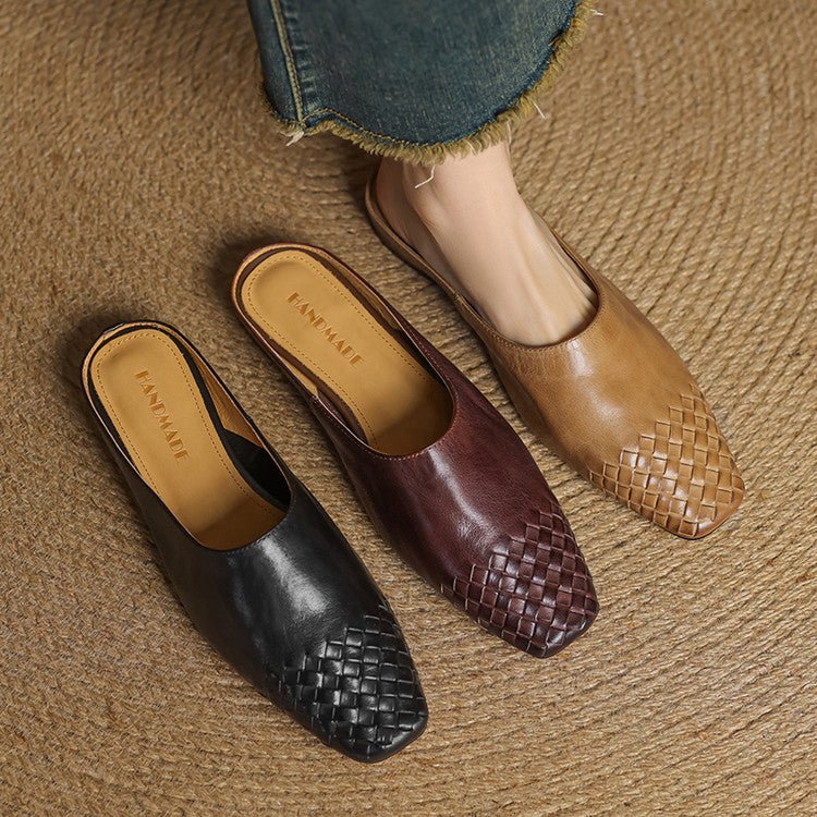 Women's Genuine Leather Woven-Toe Square-Toe Slip-On Mules