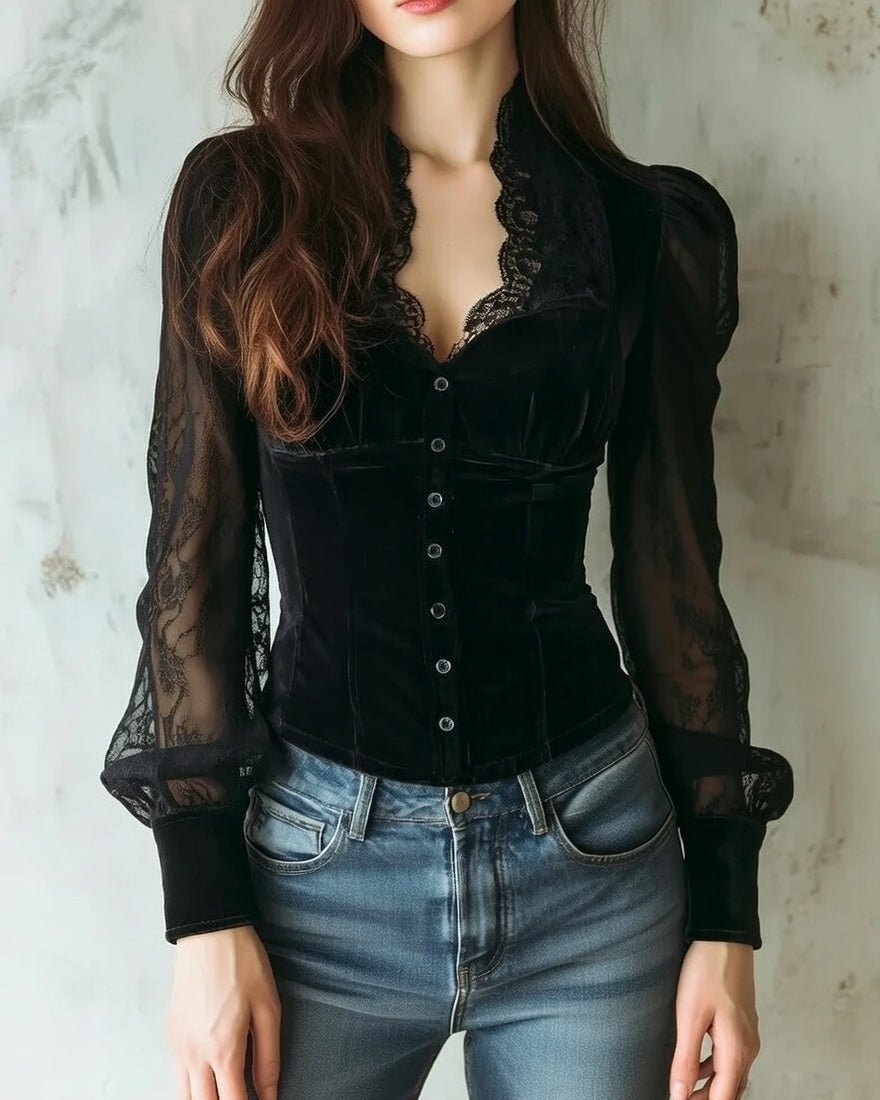 Women's Gothic Velvet Lace-Sleeve Button-Front Corset Blouse - Black