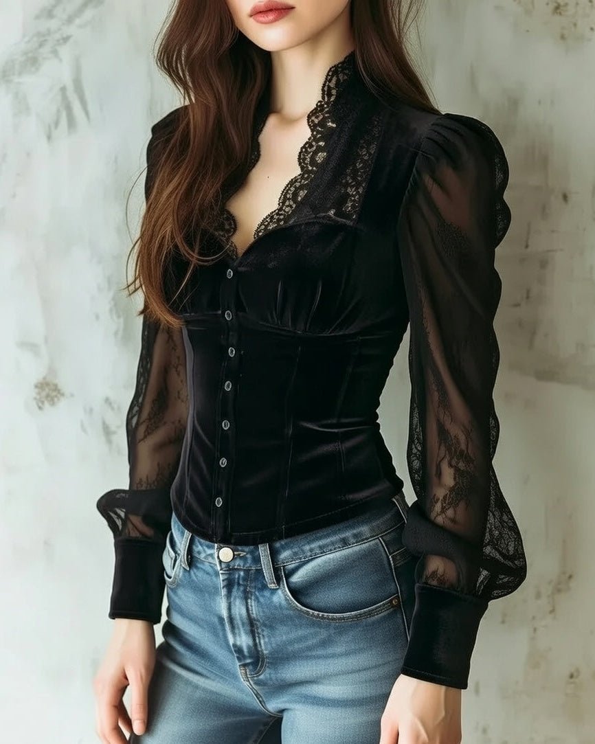 Women's Gothic Velvet Lace-Sleeve Button-Front Corset Blouse