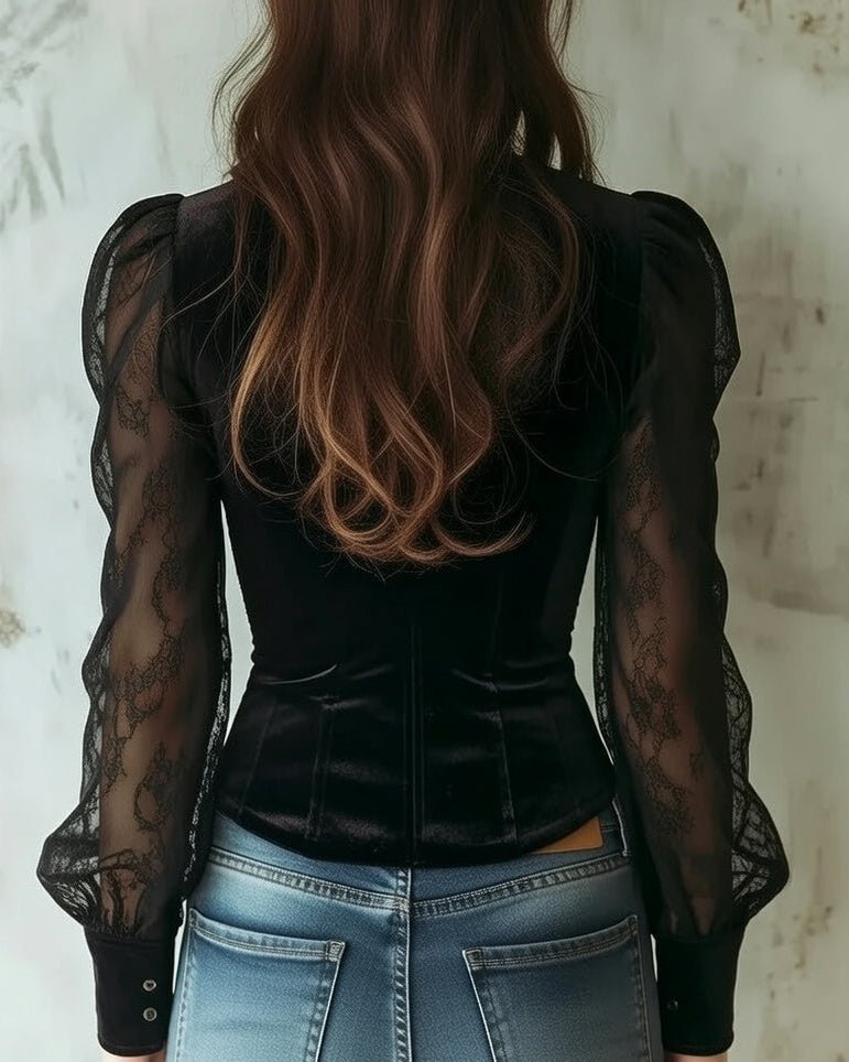 Women's Gothic Velvet Lace-Sleeve Button-Front Corset Blouse