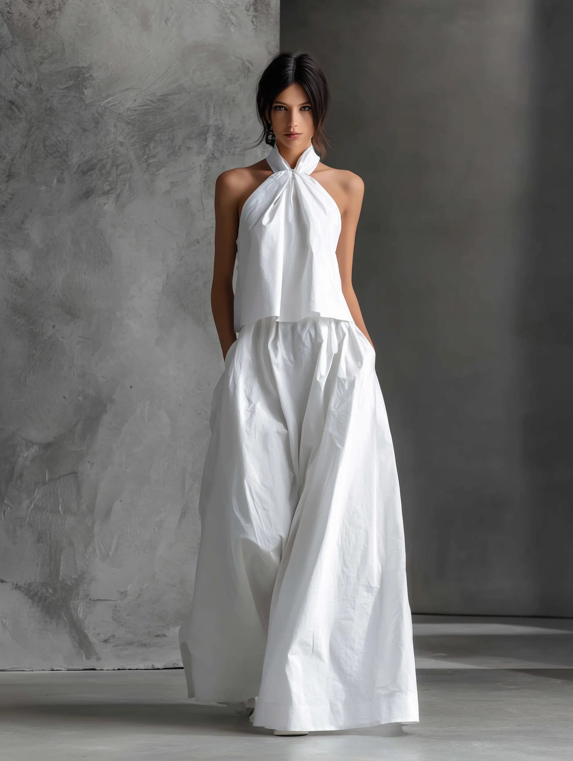 Women's Halter Neck Cotton-Linen Two-Piece Maxi Skirt Set
