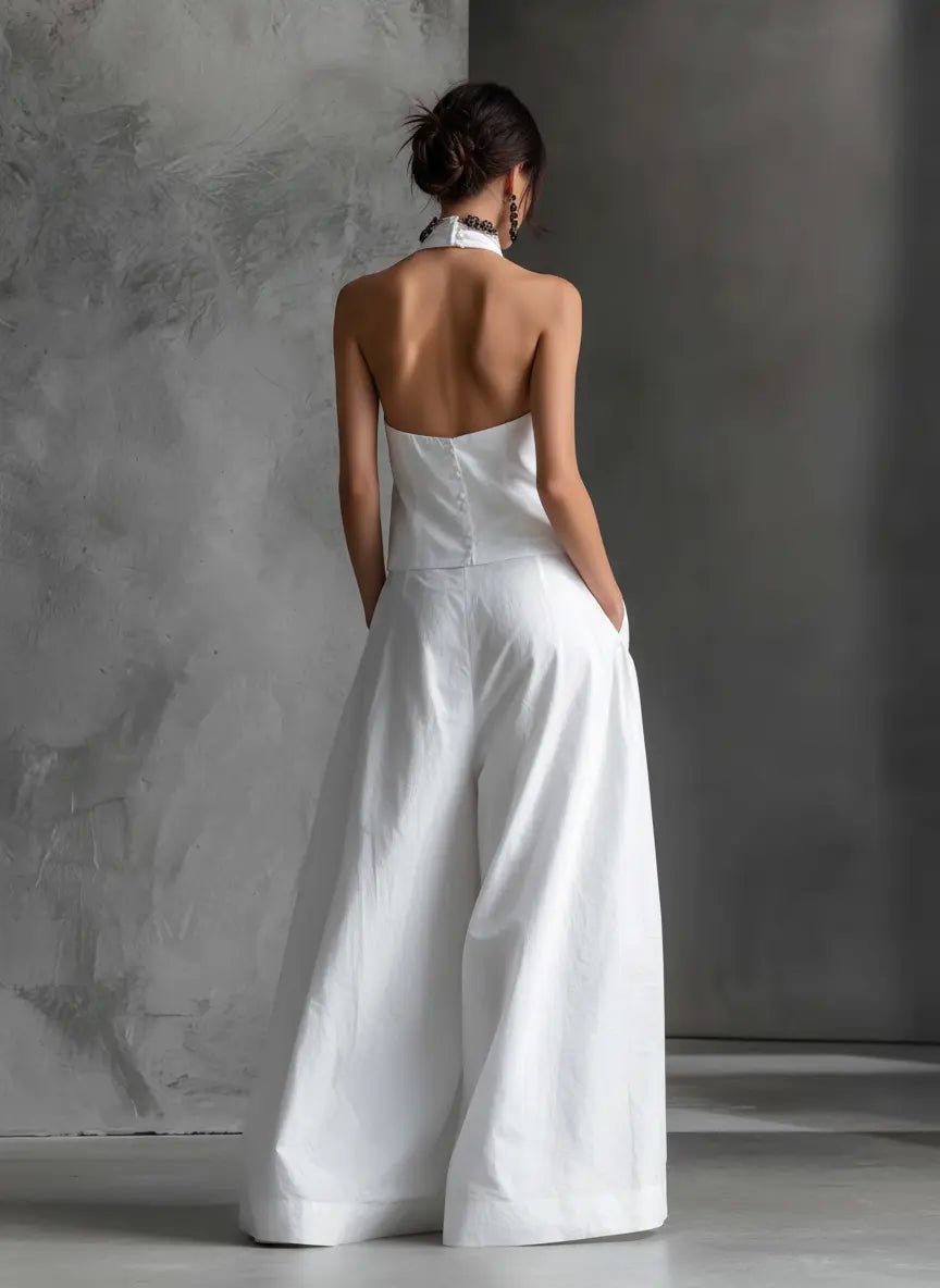 Women's Halter Neck Cotton-Linen Two-Piece Maxi Skirt Set