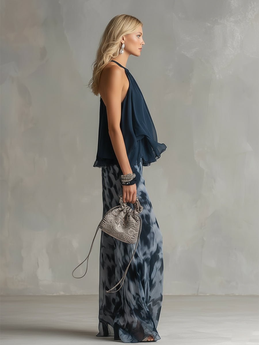 Women's Halter Neck Ruffled Wide-Leg Two-Piece Set