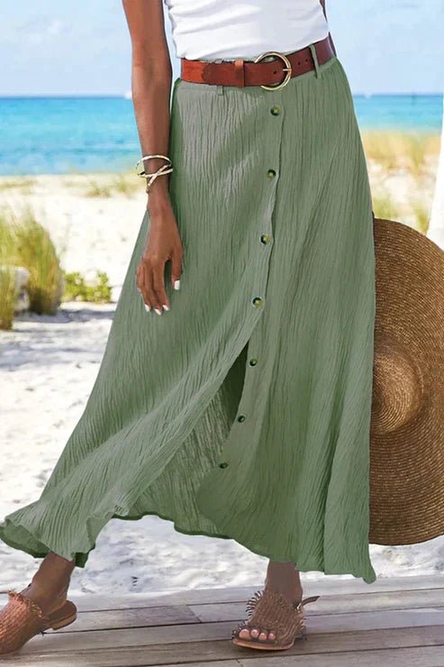 Women's High-Waist Button-Front Crinkle Linen-Look Maxi Skirt - Light green