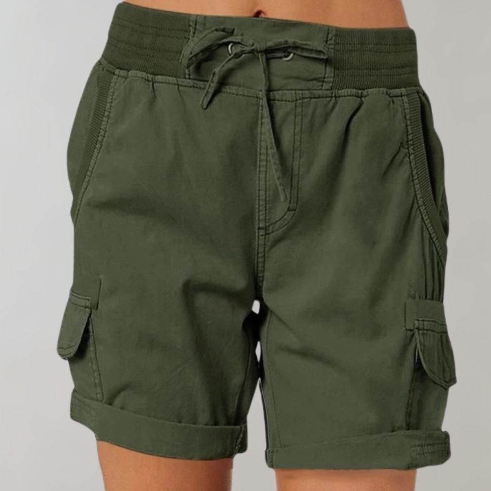 Women's High-Waist Drawstring Elastic-Waistband Cargo Shorts - Army Green