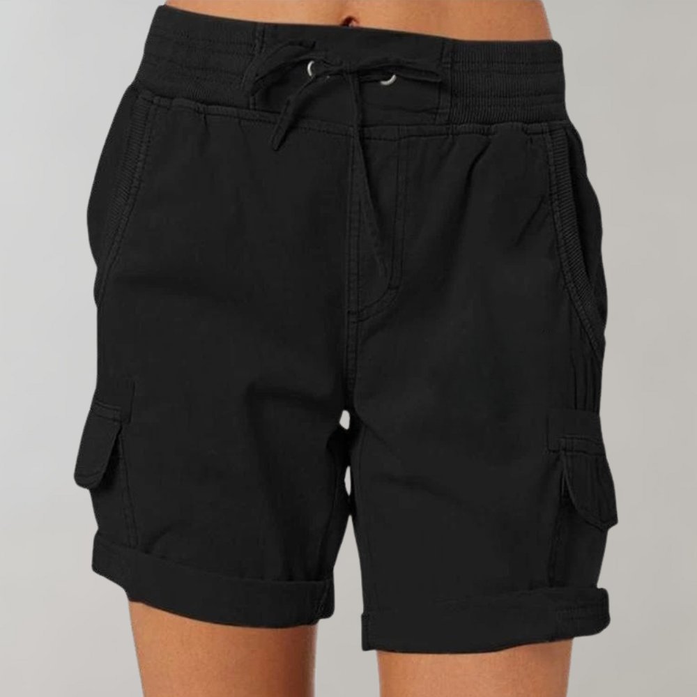 Women's High-Waist Drawstring Elastic-Waistband Cargo Shorts - Black