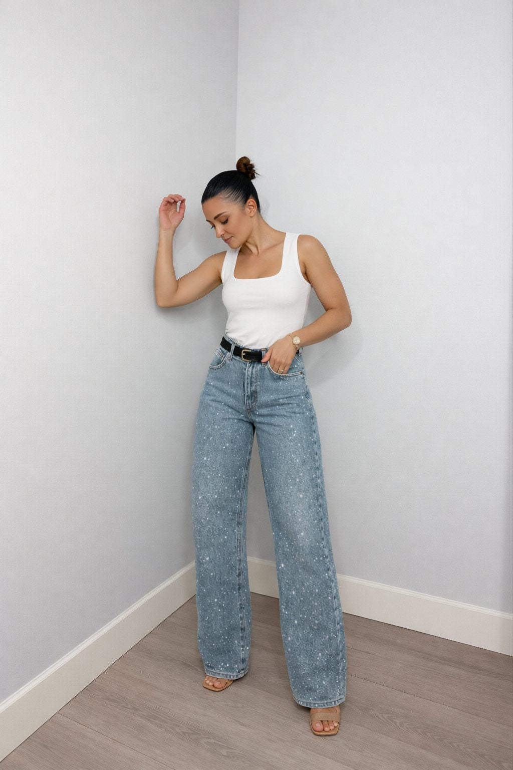 Women's High-Waist Wide-Leg Glitter Denim Jeans