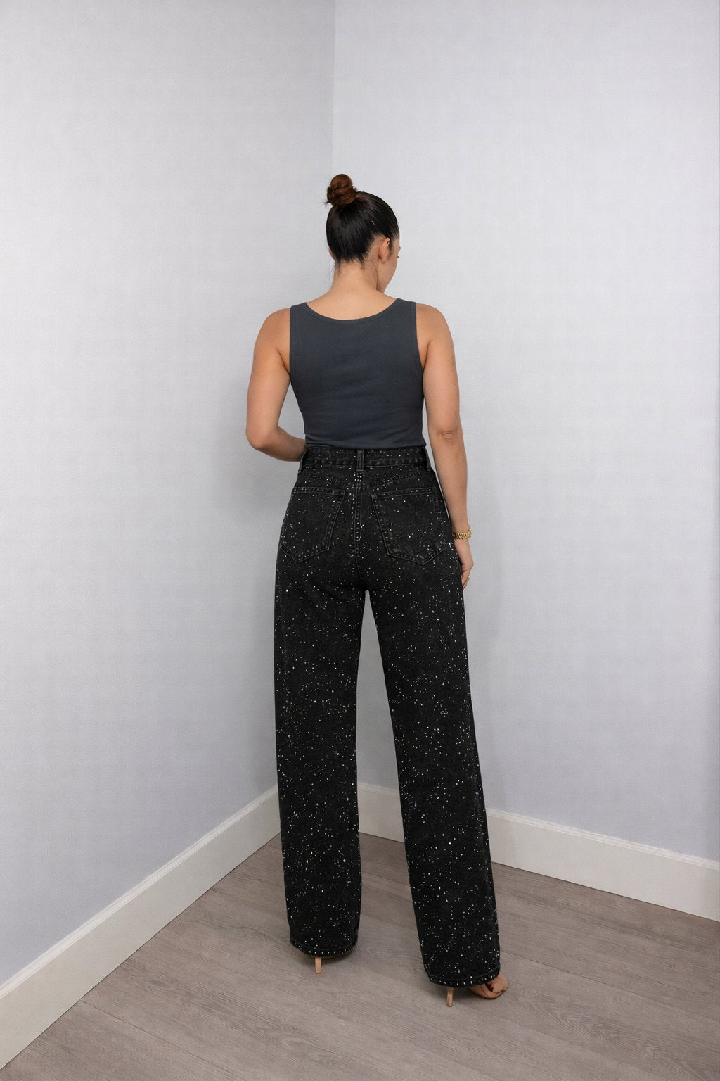Women's High-Waist Wide-Leg Glitter Denim Jeans