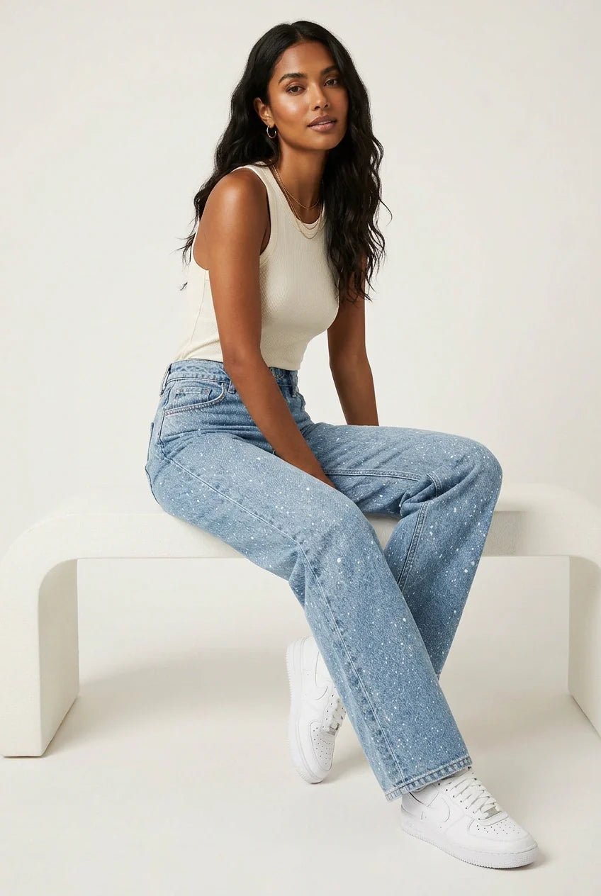 Women's High-Waist Wide-Leg Glitter Denim Jeans - Blau