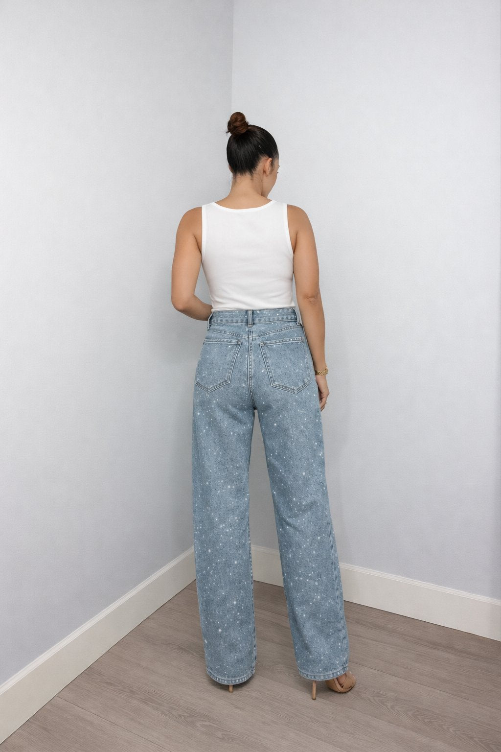 Women's High-Waist Wide-Leg Glitter Denim Jeans