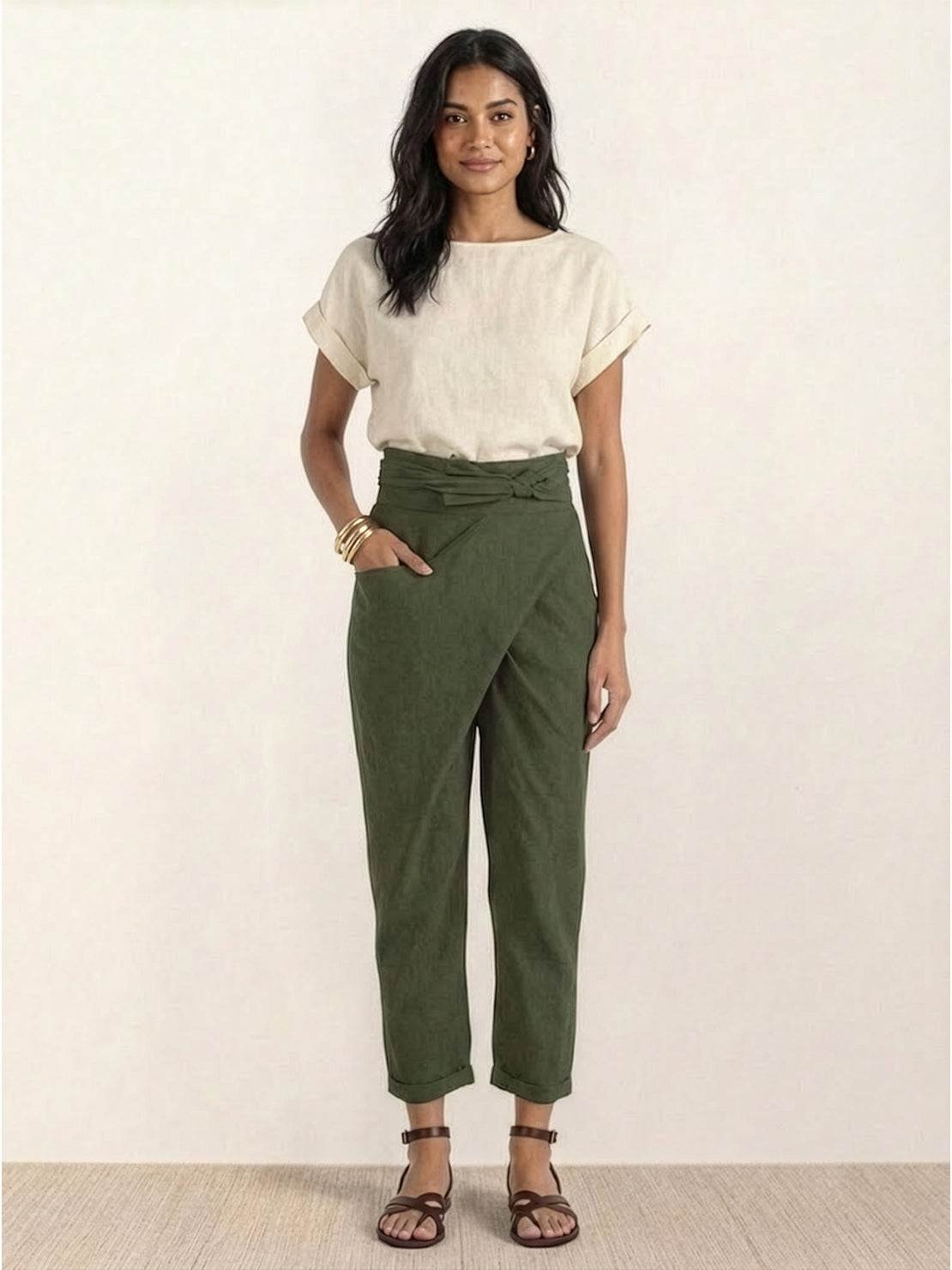 Women's High-Waist Wrap-Front Tapered Cropped Pants