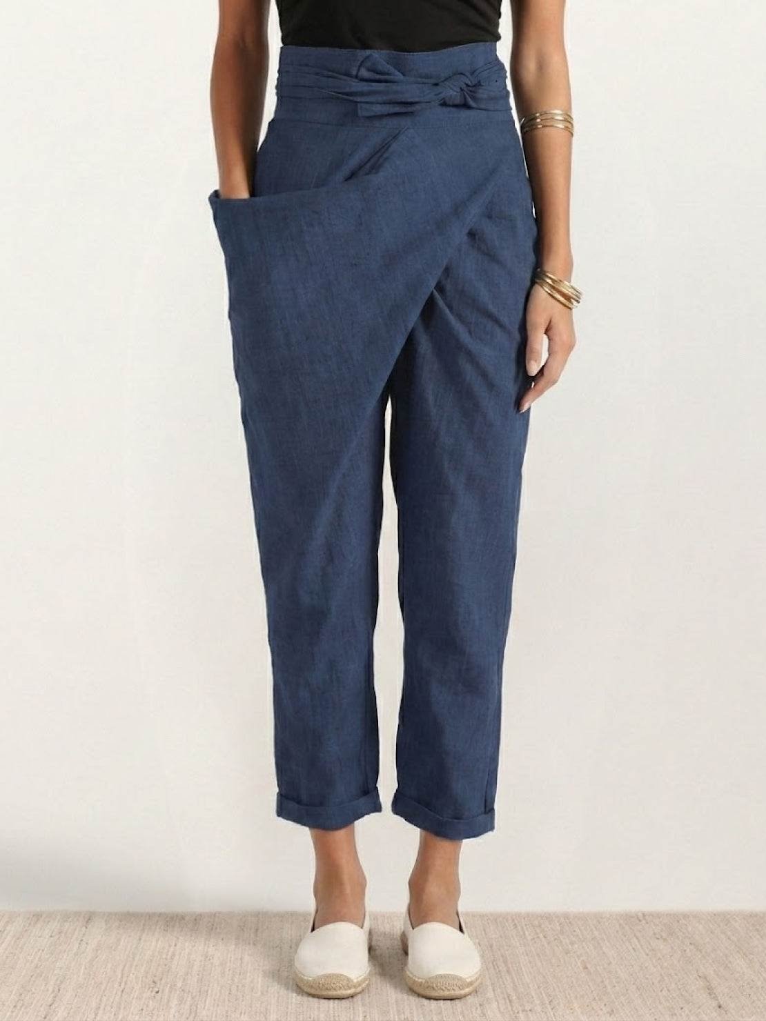 Women's High-Waist Wrap-Front Tapered Cropped Pants - Navy Blue