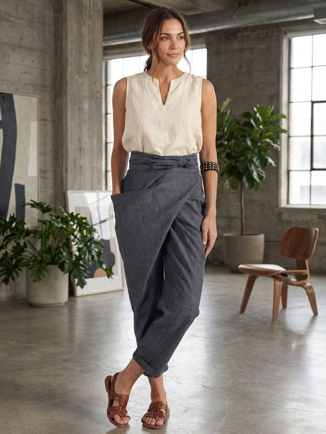 Women's High-Waist Wrap-Front Tapered Cropped Pants