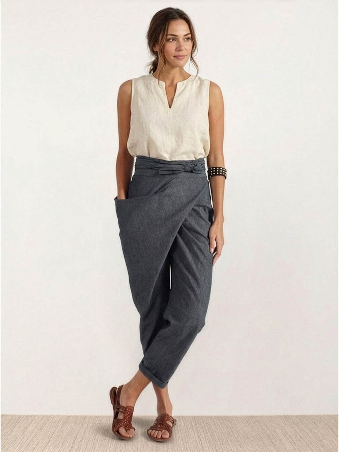 Women's High-Waist Wrap-Front Tapered Cropped Pants