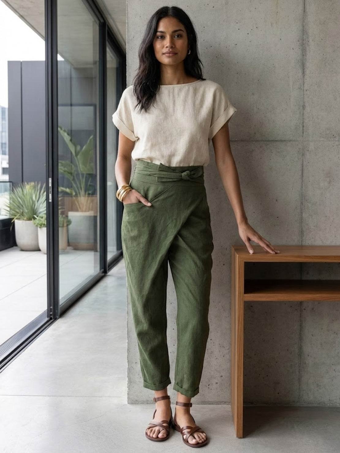 Women's High-Waist Wrap-Front Tapered Cropped Pants