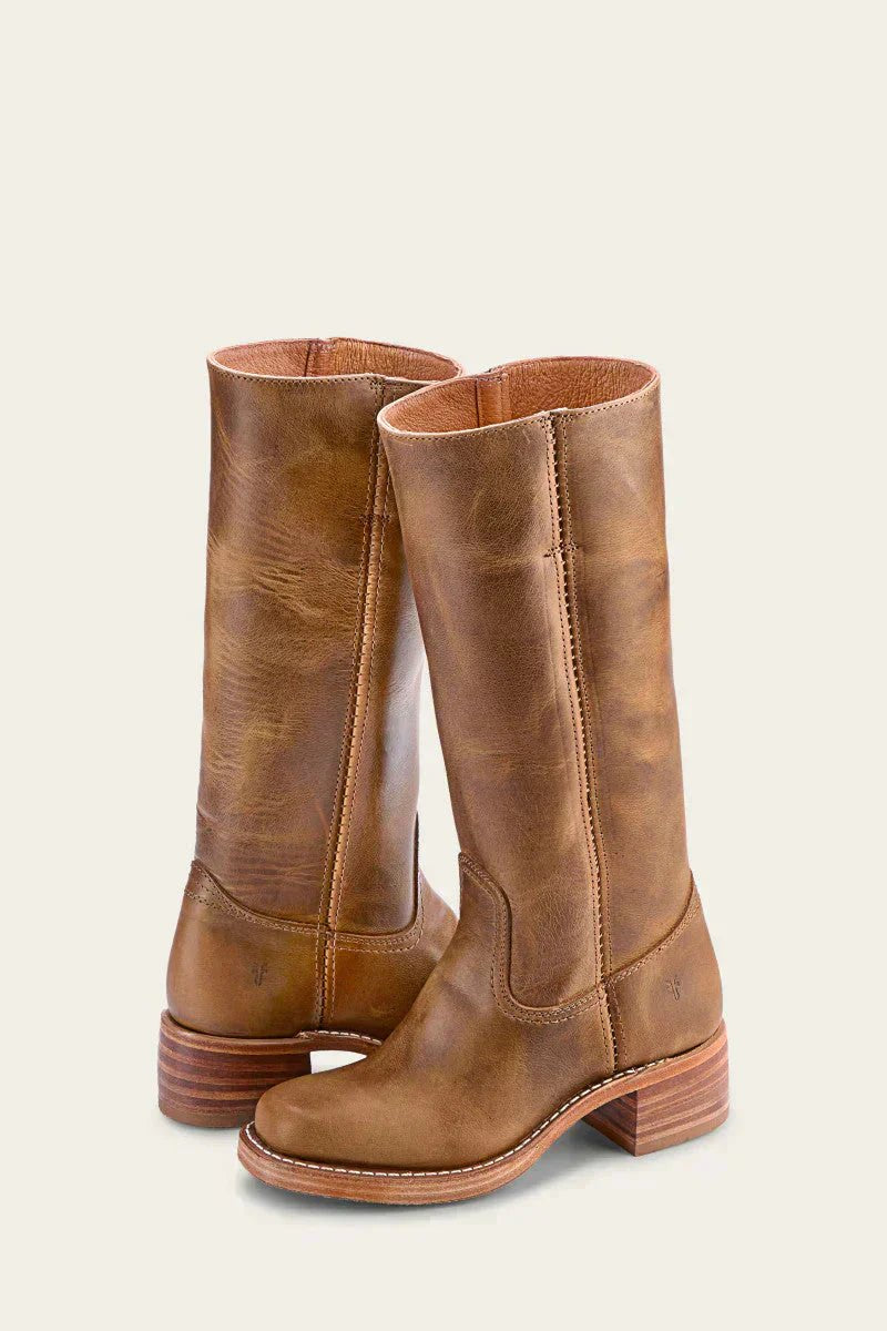 Women's Knee-High Slim-Fit Block-Heel Leather-Look Riding Boots - Khaki