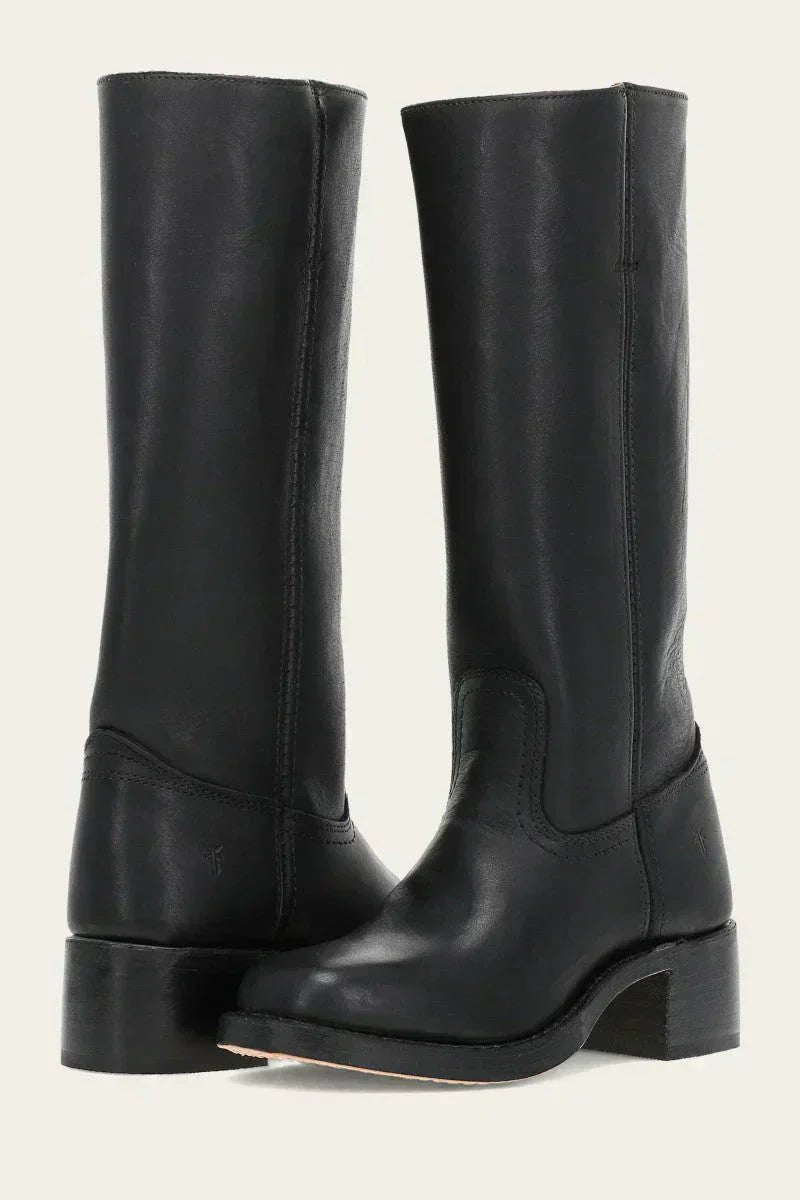 Women's Knee-High Slim-Fit Block-Heel Leather-Look Riding Boots - Black