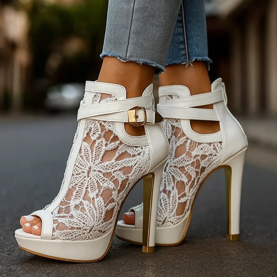 Women's Lace Open-Toe Stiletto Platform Ankle Booties