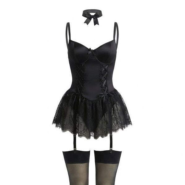 Women's Lace Ruffle Corset Bustier Teddy Lingerie Set Garter Straps - Black