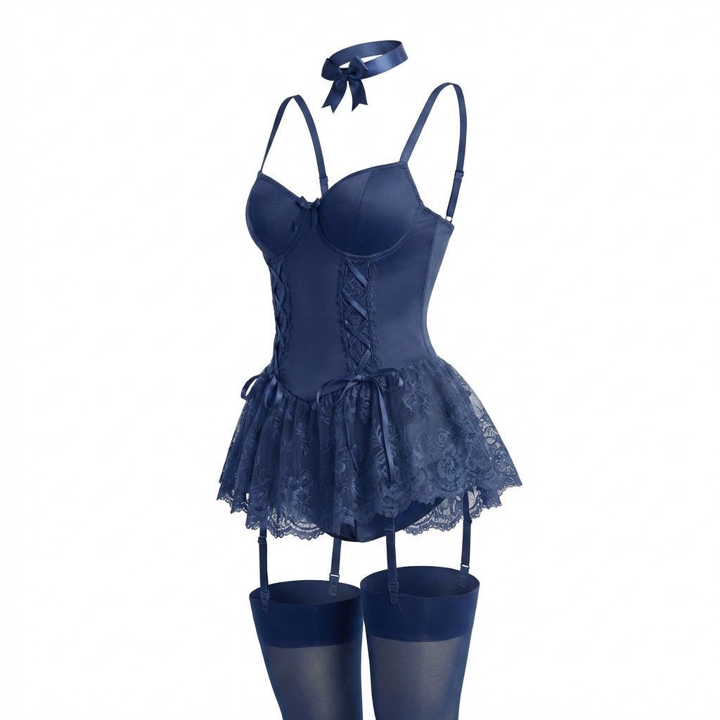 Women's Lace Ruffle Corset Bustier Teddy Lingerie Set Garter Straps - Navy