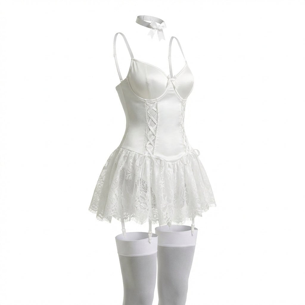 Women's Lace Ruffle Corset Bustier Teddy Lingerie Set Garter Straps - White