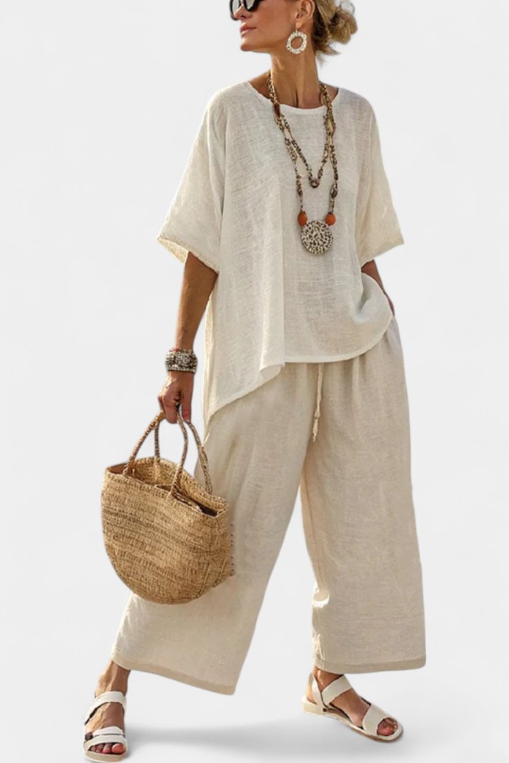 Women's Linen Asymmetric-Hem Oversized Top Wide-Leg Pants Two-Piece Set - White