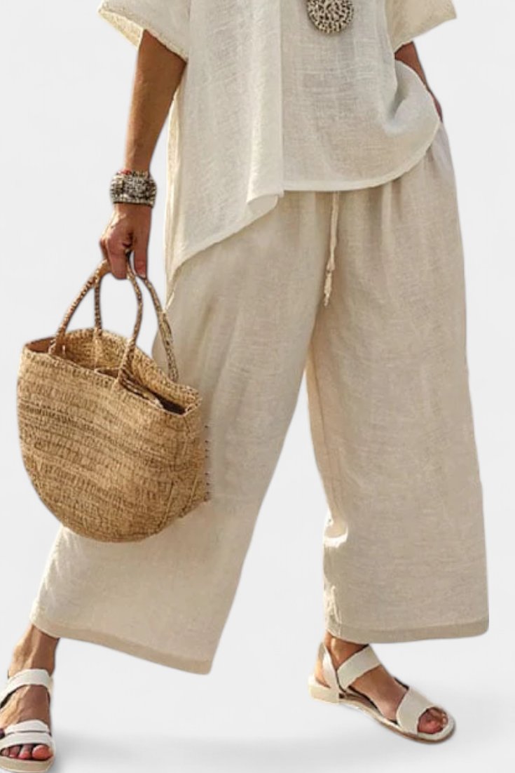 Women's Linen Asymmetric-Hem Oversized Top Wide-Leg Pants Two-Piece Set