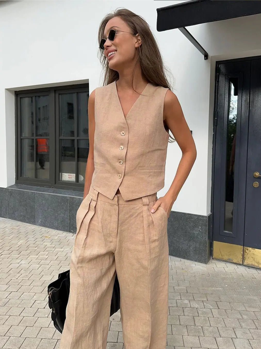 Women's Linen Blend Buttoned Vest Wide-Leg Pleated Pants Two-Piece Set