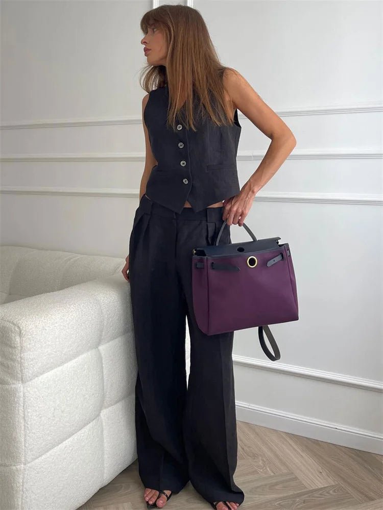 Women's Linen Blend Buttoned Vest Wide-Leg Pleated Pants Two-Piece Set
