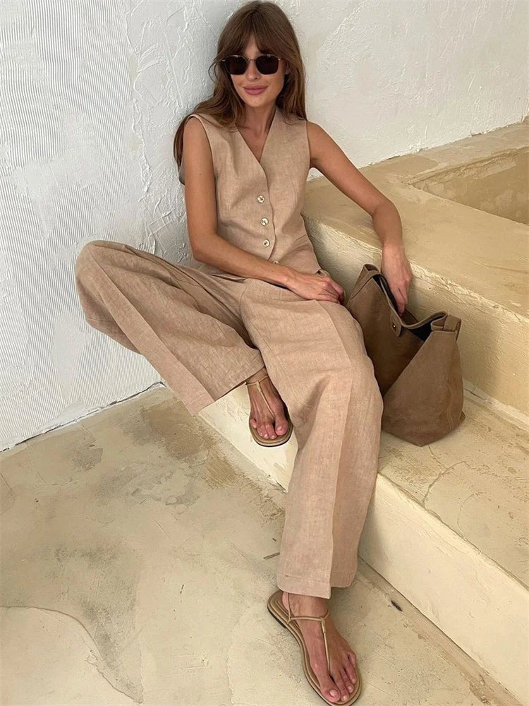 Women's Linen Blend Buttoned Vest Wide-Leg Pleated Pants Two-Piece Set - Beige