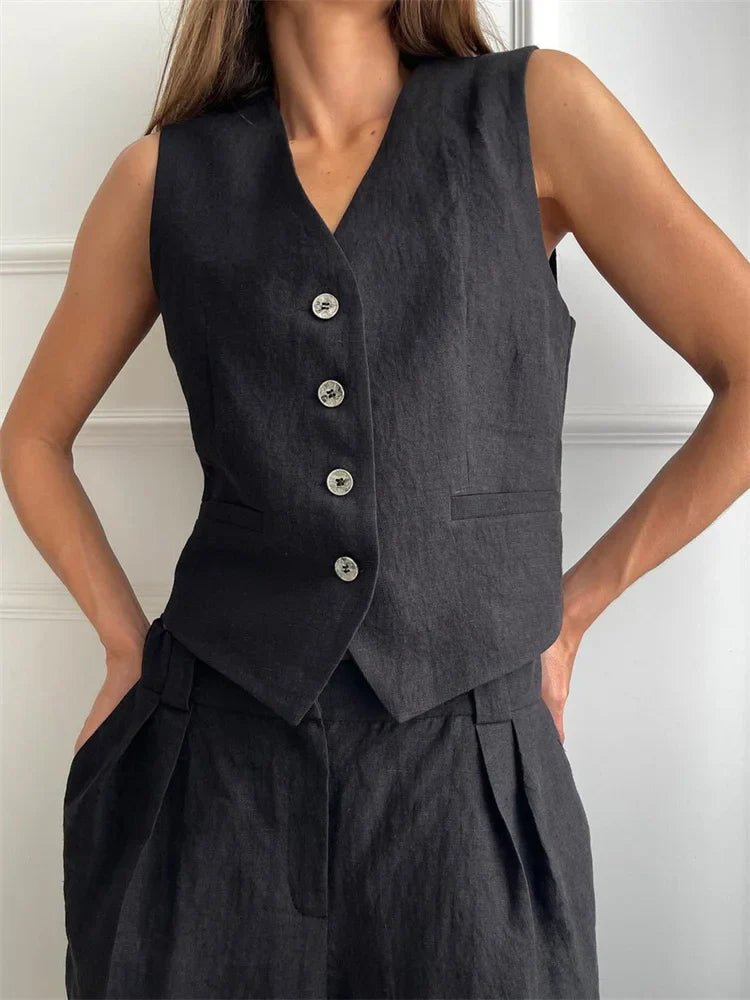 Women's Linen Blend Buttoned Vest Wide-Leg Pleated Pants Two-Piece Set - Black