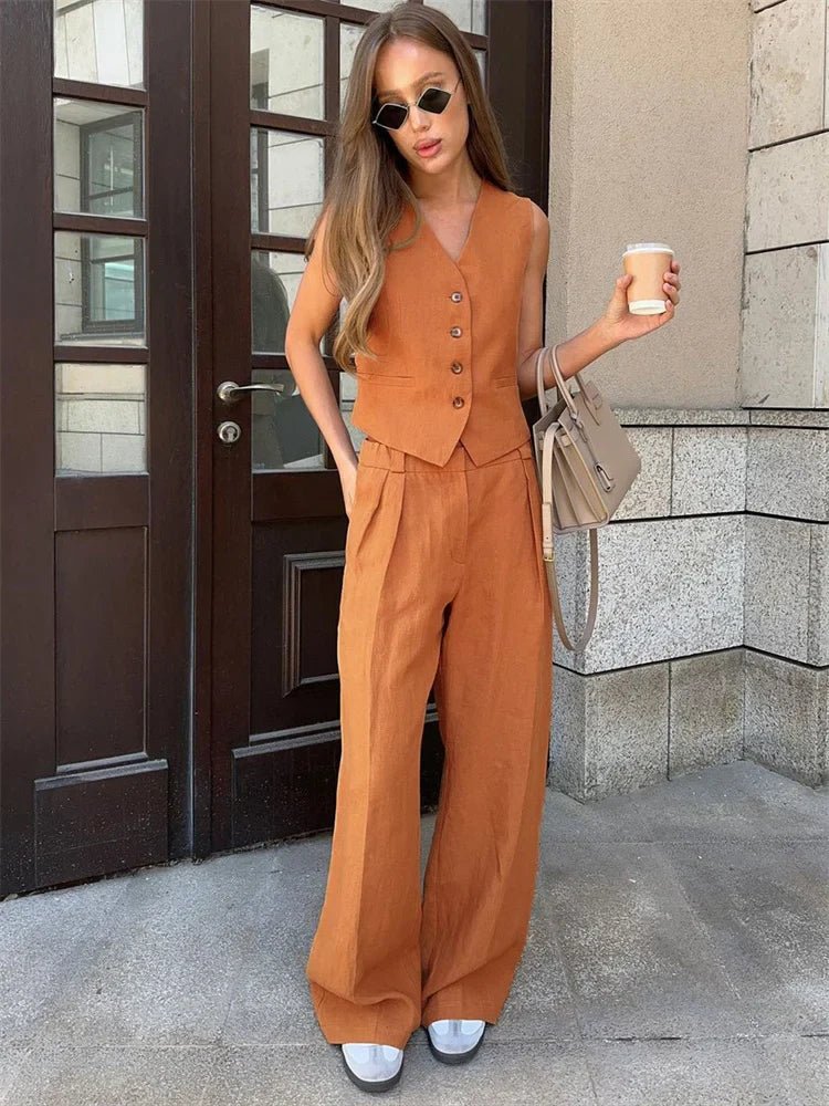 Women's Linen Blend Buttoned Vest Wide-Leg Pleated Pants Two-Piece Set