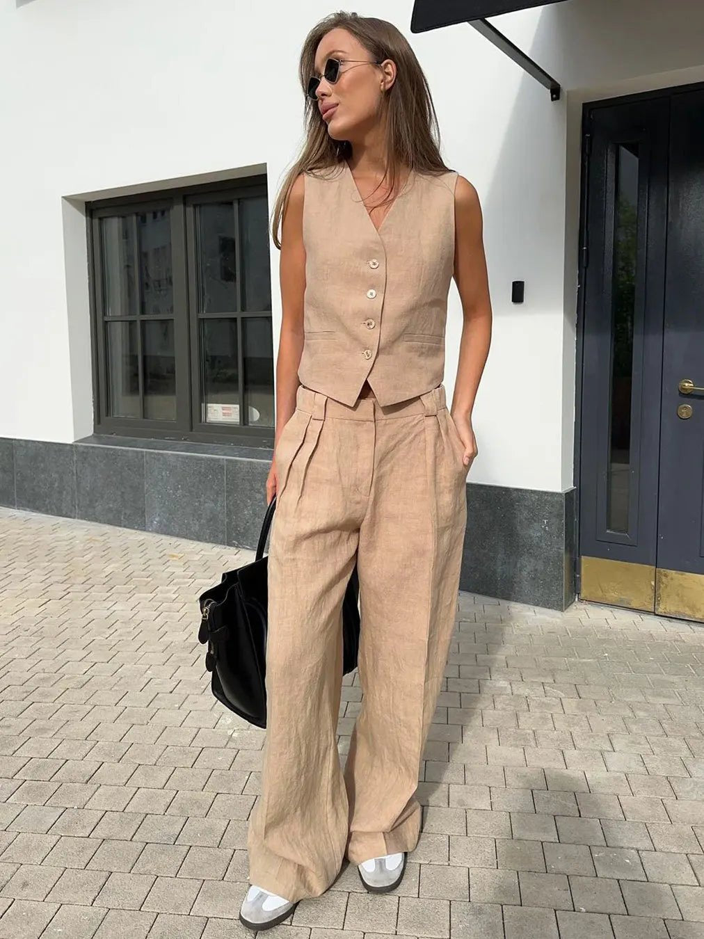 Women's Linen Blend Buttoned Vest Wide-Leg Pleated Pants Two-Piece Set
