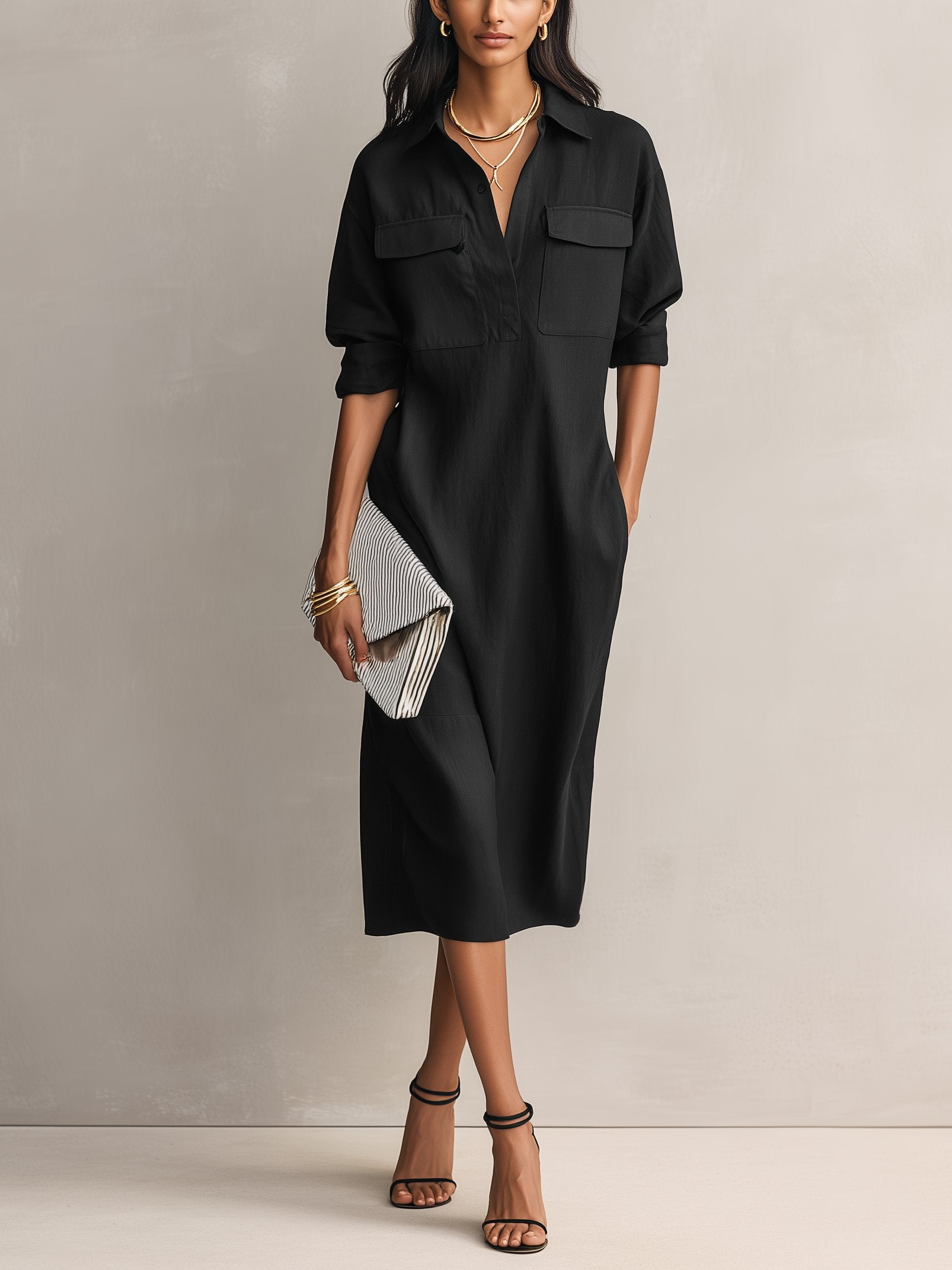 Women's Linen Blend Collared V-Neck Midi Shirt Dress