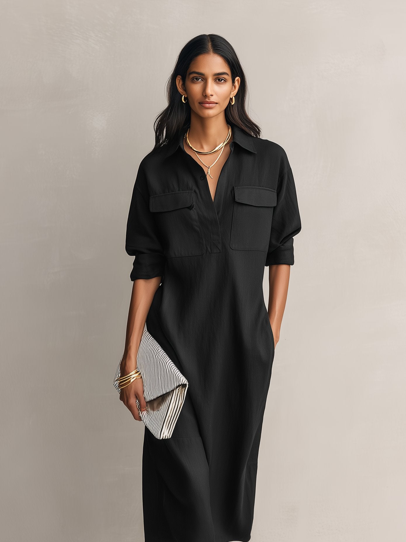 Women's Linen Blend Collared V-Neck Midi Shirt Dress
