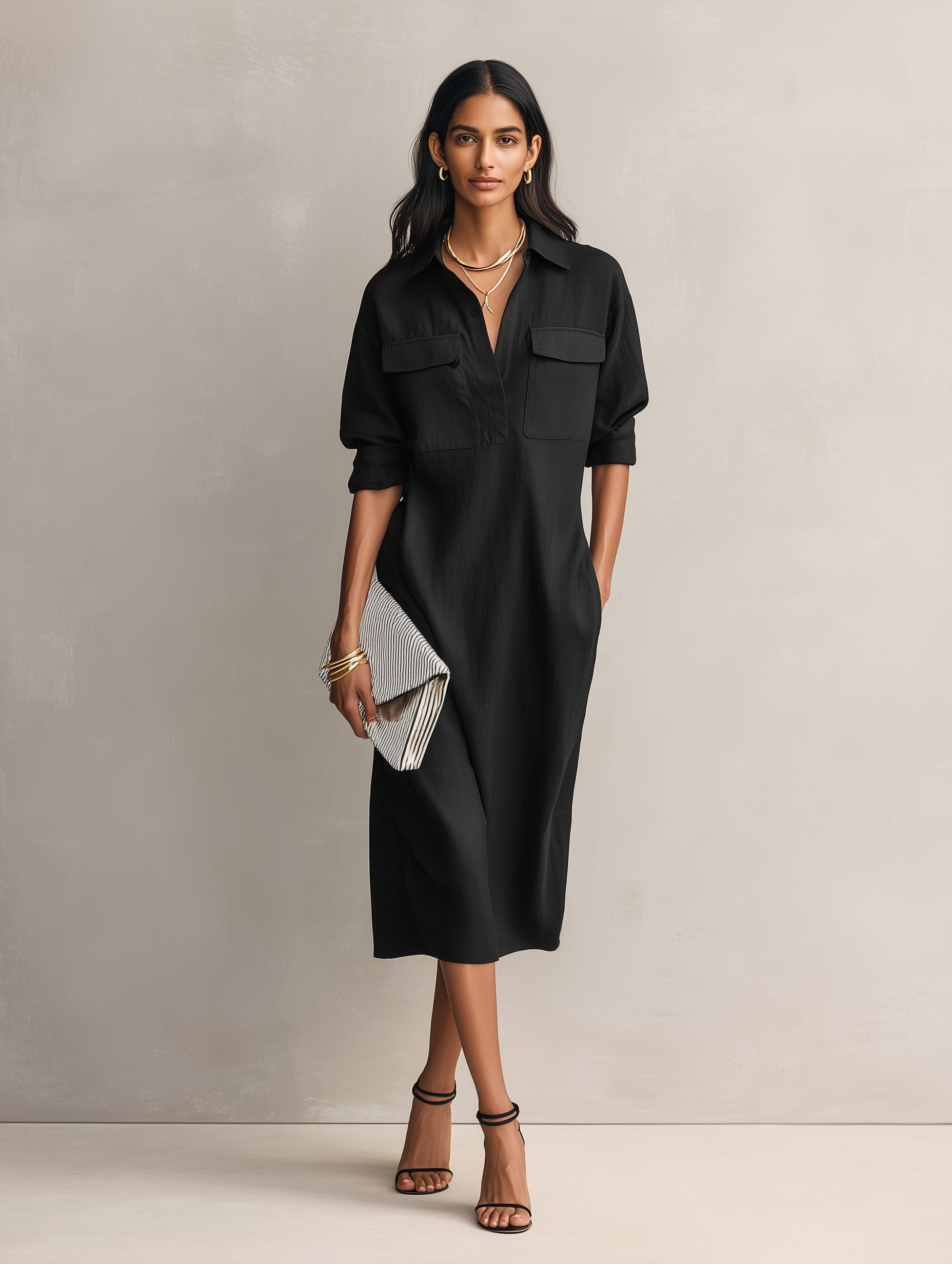 Women's Linen Blend Collared V-Neck Midi Shirt Dress