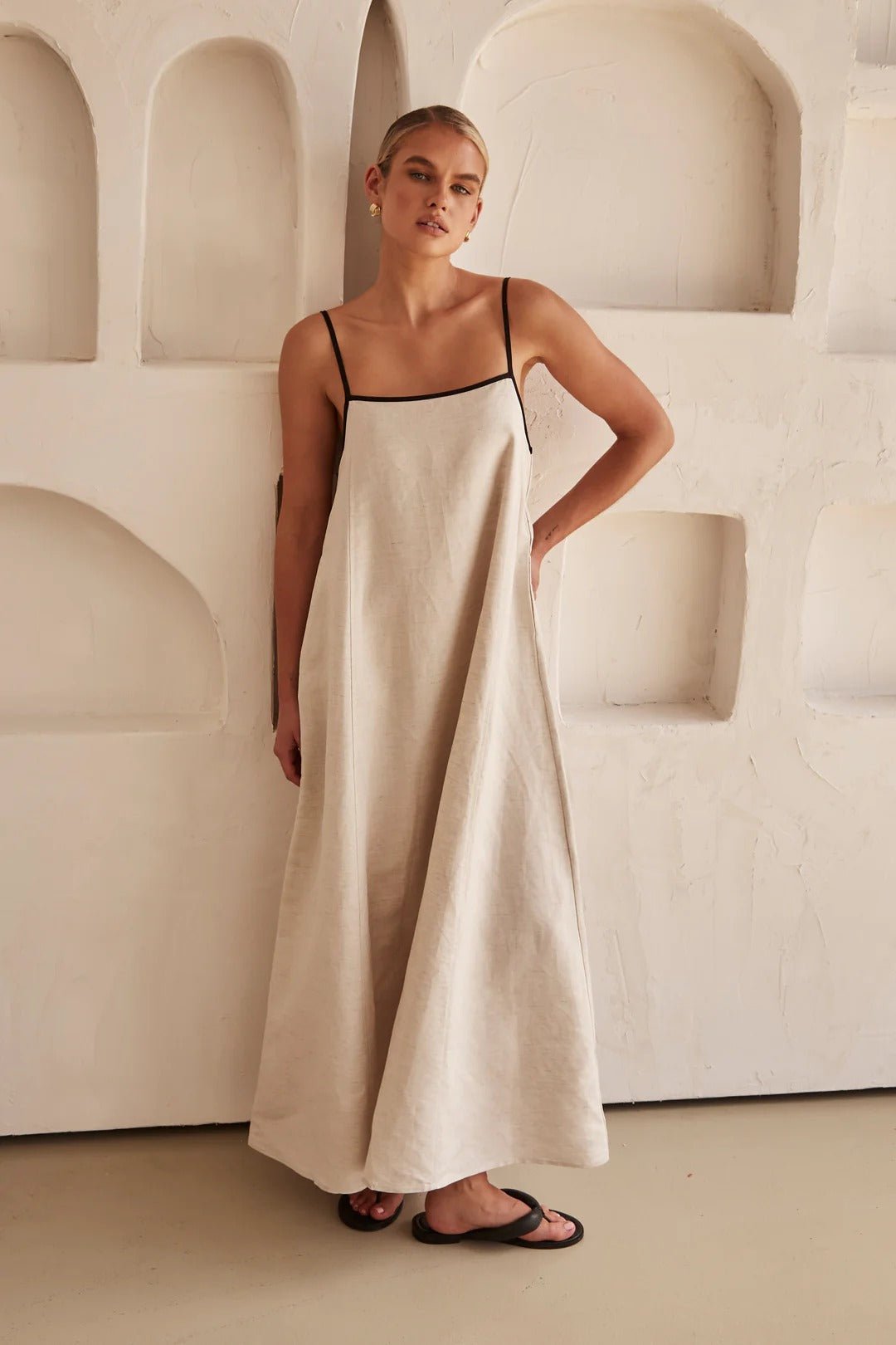 Women's Linen-Blend Trapeze Maxi Dress Adjustable Straps Side Pockets