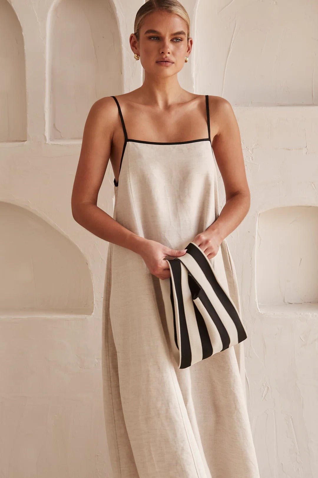 Women's Linen-Blend Trapeze Maxi Dress Adjustable Straps Side Pockets