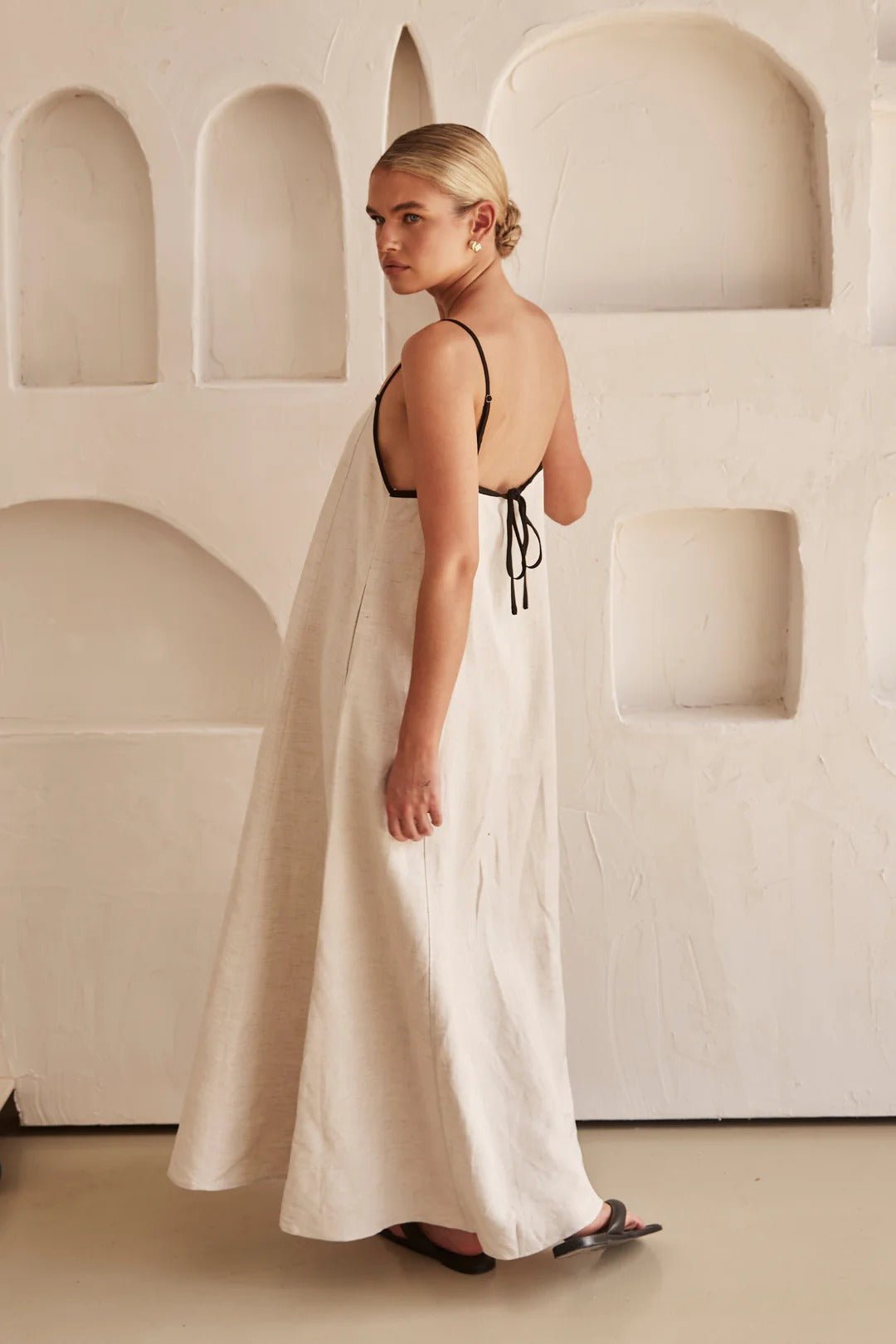 Women's Linen-Blend Trapeze Maxi Dress Adjustable Straps Side Pockets