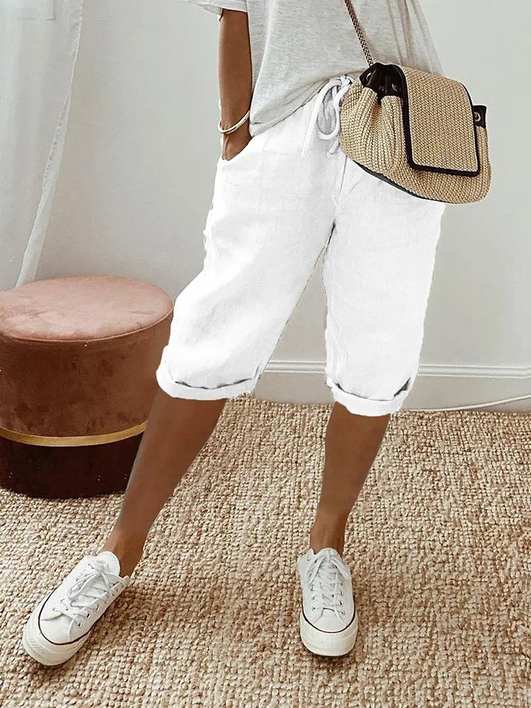 Women's Linen Drawstring Cropped Bermuda Shorts Relaxed Fit - White