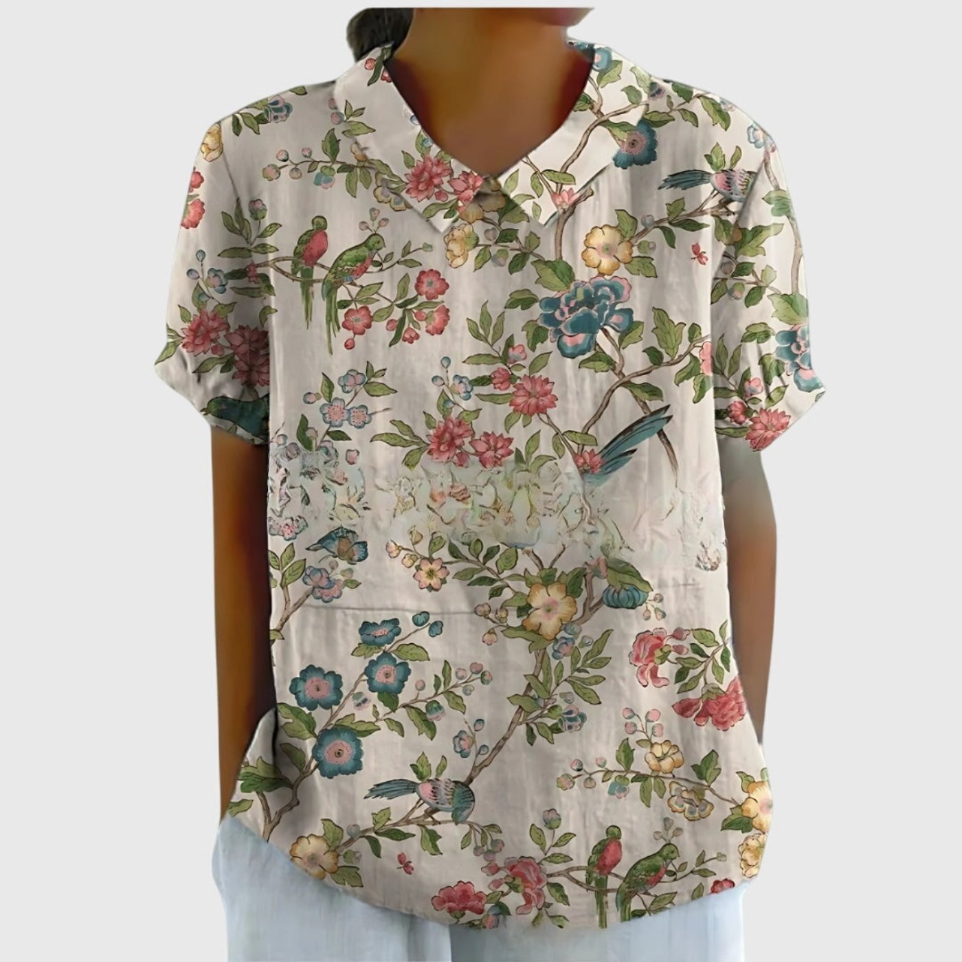 Women's Linen Floral Print Short Sleeve Peter Pan Collar Blouse - White 5