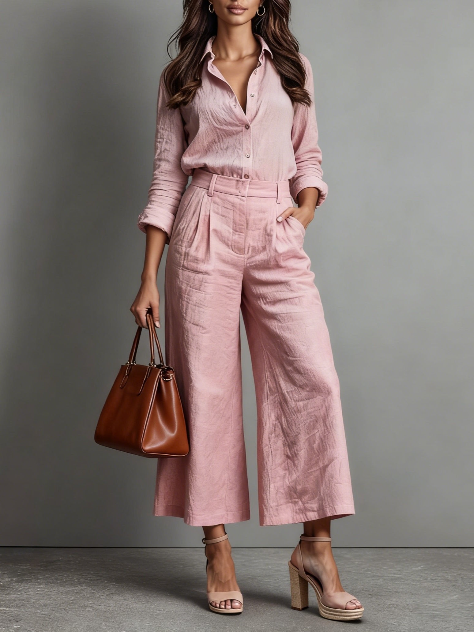 Women's Linen High-Waist Wide-Leg Cropped Pants Button-Down Shirt Set - Pink