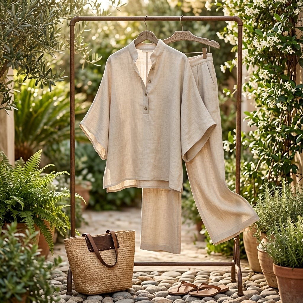 Women's Linen Kimono-Sleeve Mandarin-Collar Wide-Leg Pants Set