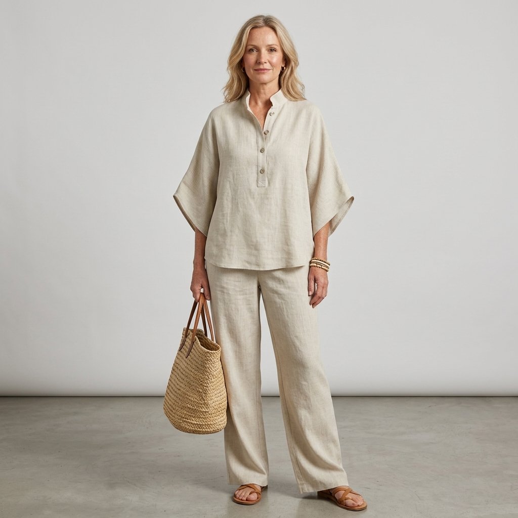 Women's Linen Kimono-Sleeve Mandarin-Collar Wide-Leg Pants Set