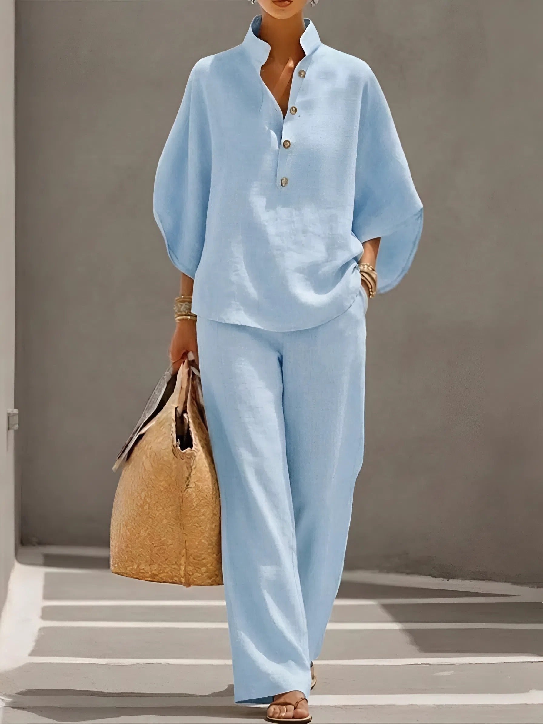 Women's Linen Kimono-Sleeve Mandarin-Collar Wide-Leg Pants Set - Light BLue