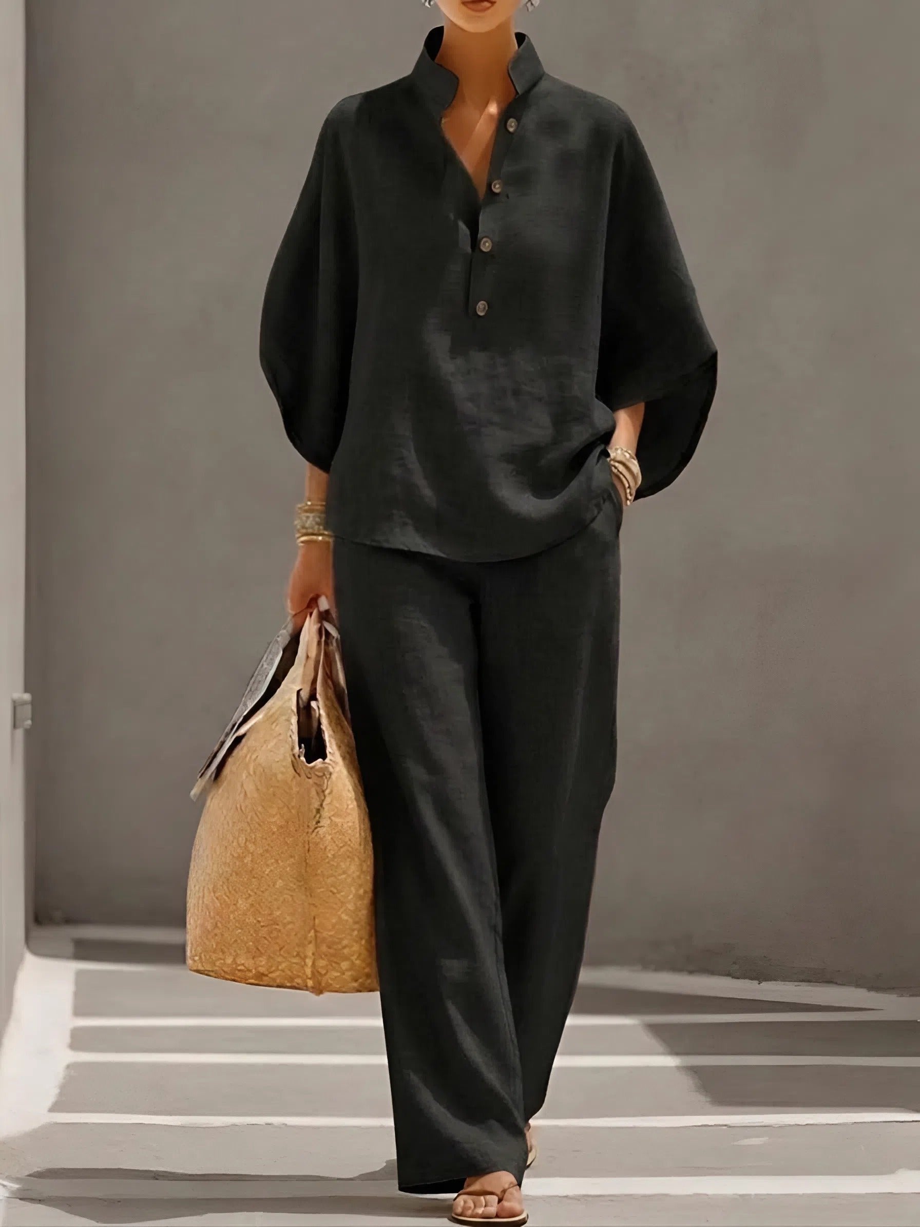 Women's Linen Kimono-Sleeve Mandarin-Collar Wide-Leg Pants Set - Black