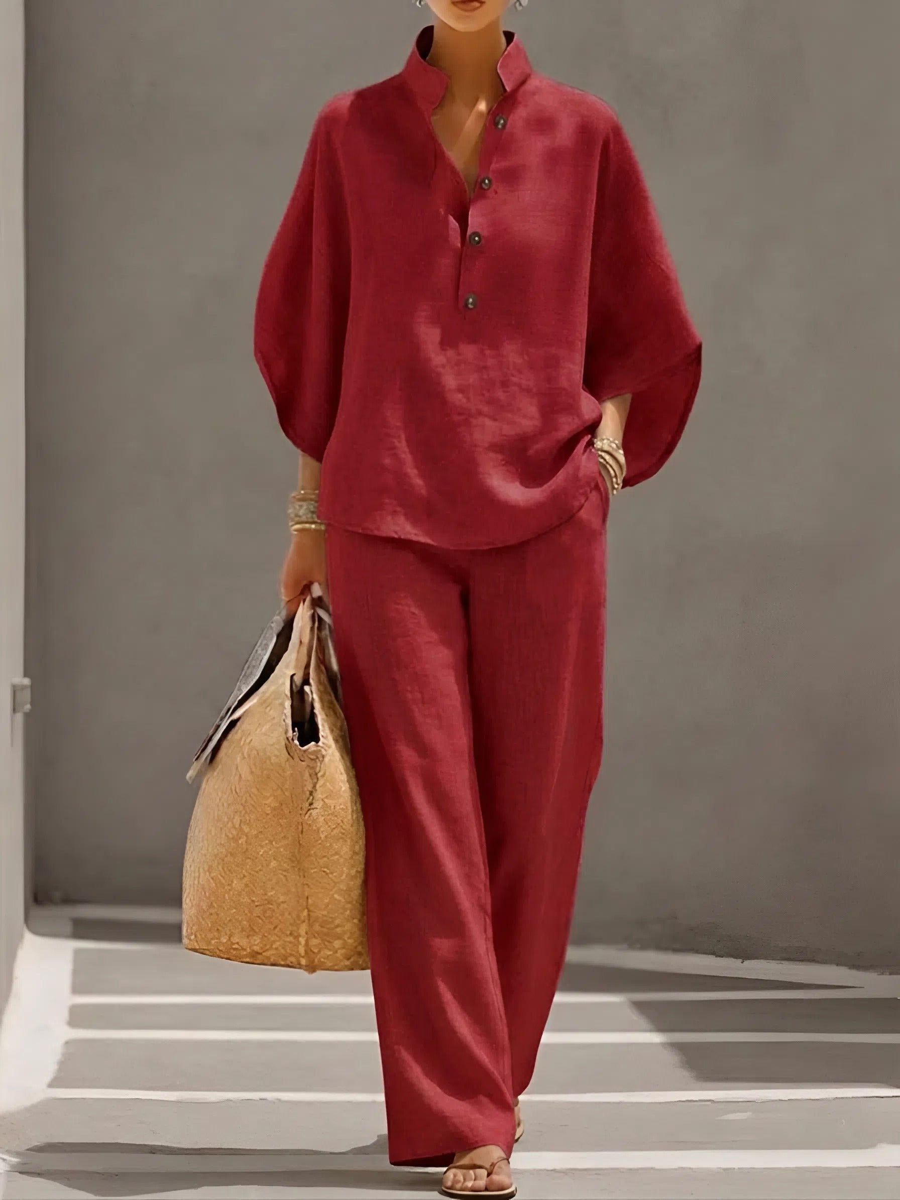 Women's Linen Kimono-Sleeve Mandarin-Collar Wide-Leg Pants Set - Red