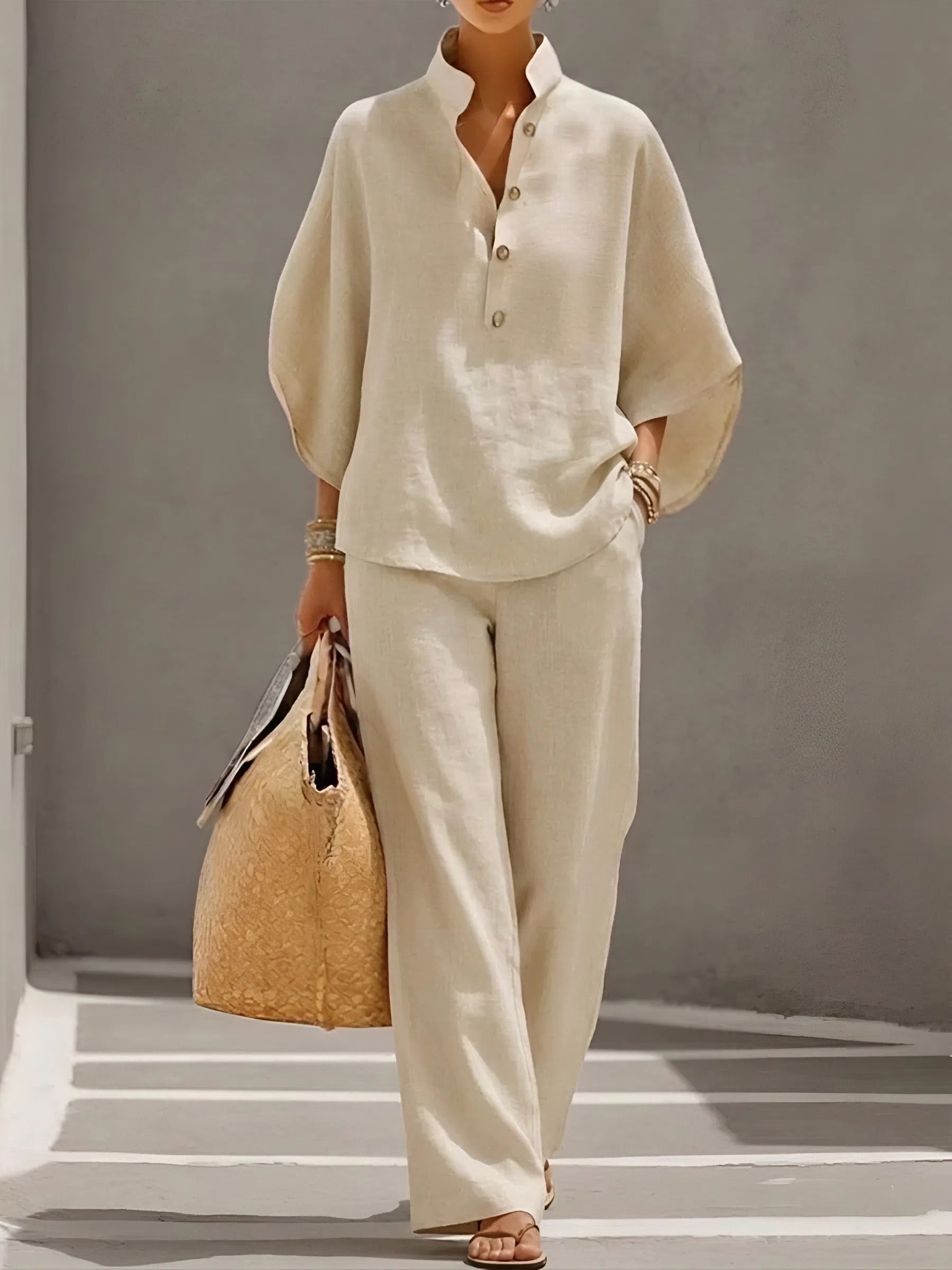 Women's Linen Kimono-Sleeve Mandarin-Collar Wide-Leg Pants Set